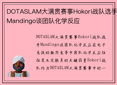 DOTASLAM大满贯赛事Hokori战队选手Mandingo谈团队化学反应